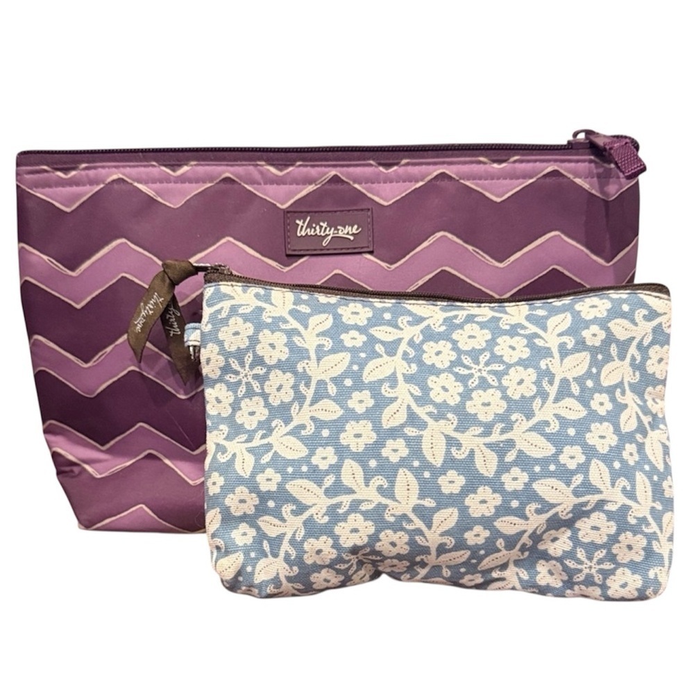 Thirty-One Purple Zigzag and Blue Floral Cosmetic Bags set chevron 31 retired